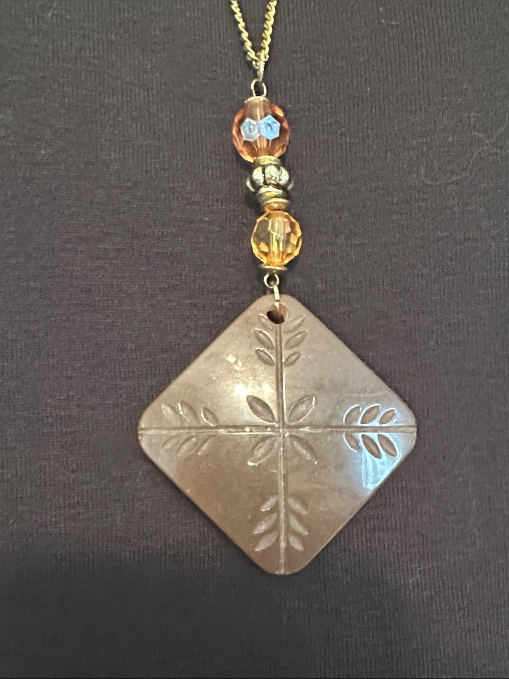 Handmade Carved Plastic Diamond-Shaped Pendant Necklace with Amber Beads